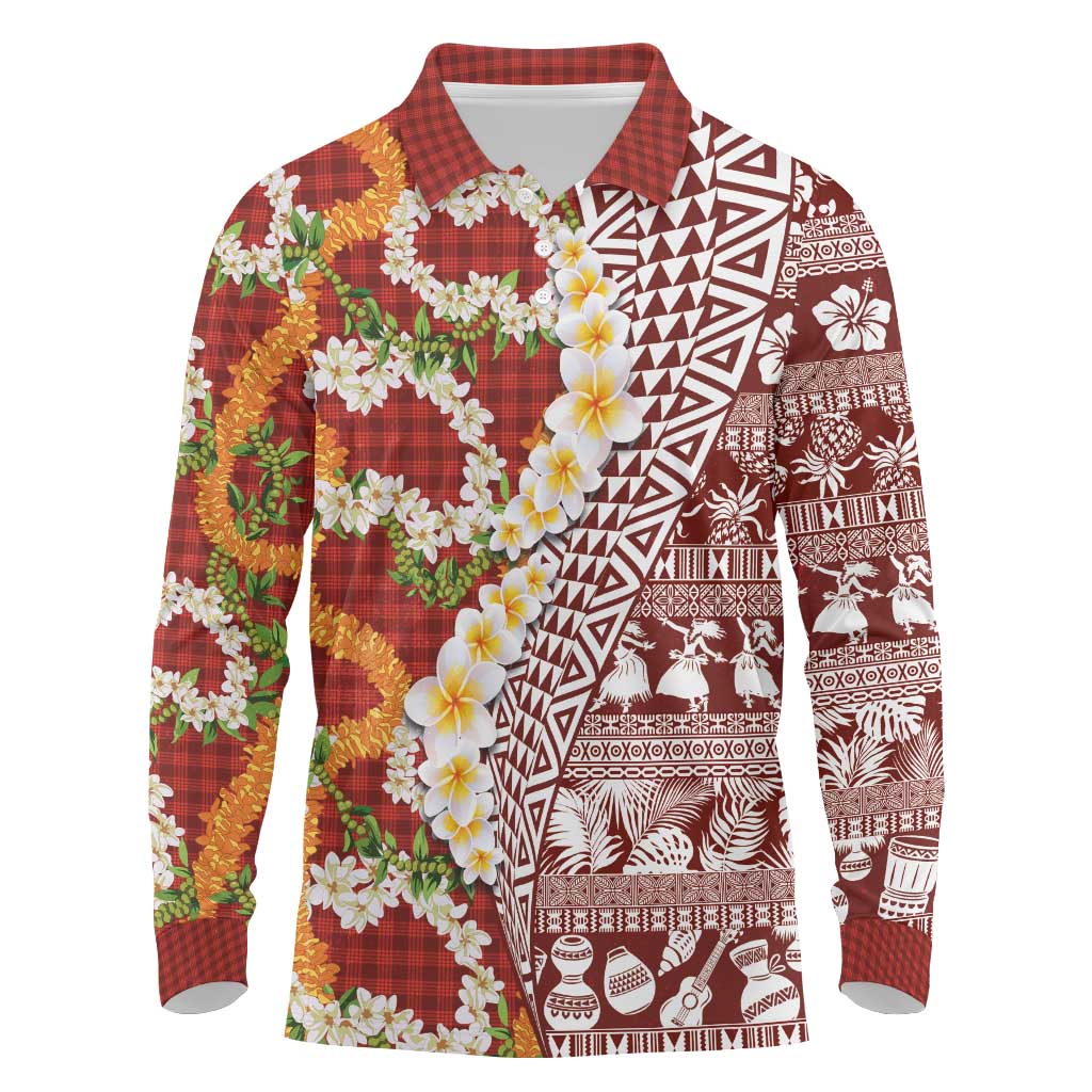 Hawaiian Plumeria Lei Long Sleeve Polo Shirt Kakau Motifs and Palaka Half Style Red Color LT03 Red - Polynesian Pride