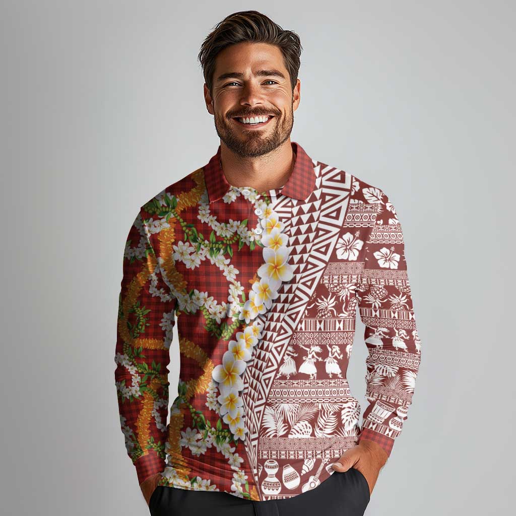 Hawaiian Plumeria Lei Long Sleeve Polo Shirt Kakau Motifs and Palaka Half Style Red Color LT03 - Polynesian Pride