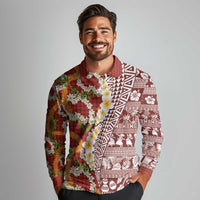 Hawaiian Plumeria Lei Long Sleeve Polo Shirt Kakau Motifs and Palaka Half Style Red Color LT03 - Polynesian Pride