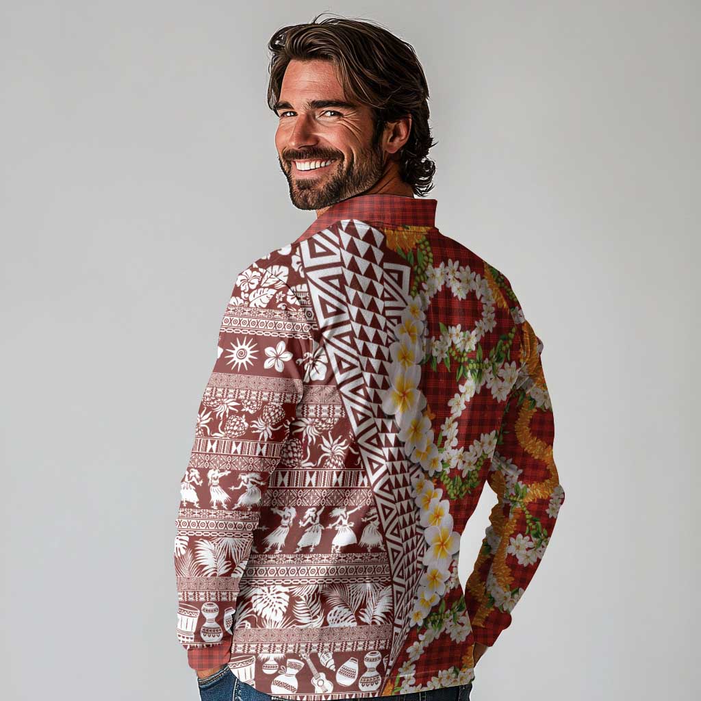 Hawaiian Plumeria Lei Long Sleeve Polo Shirt Kakau Motifs and Palaka Half Style Red Color LT03 - Polynesian Pride