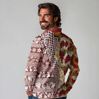 Hawaiian Plumeria Lei Long Sleeve Polo Shirt Kakau Motifs and Palaka Half Style Red Color LT03 - Polynesian Pride