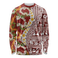Hawaiian Plumeria Lei Long Sleeve Shirt Kakau Motifs and Palaka Half Style Red Color - Polynesian Pride