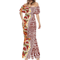 Hawaiian Plumeria Lei Mermaid Dress Kakau Motifs and Palaka Half Style Red Color LT03 - Polynesian Pride