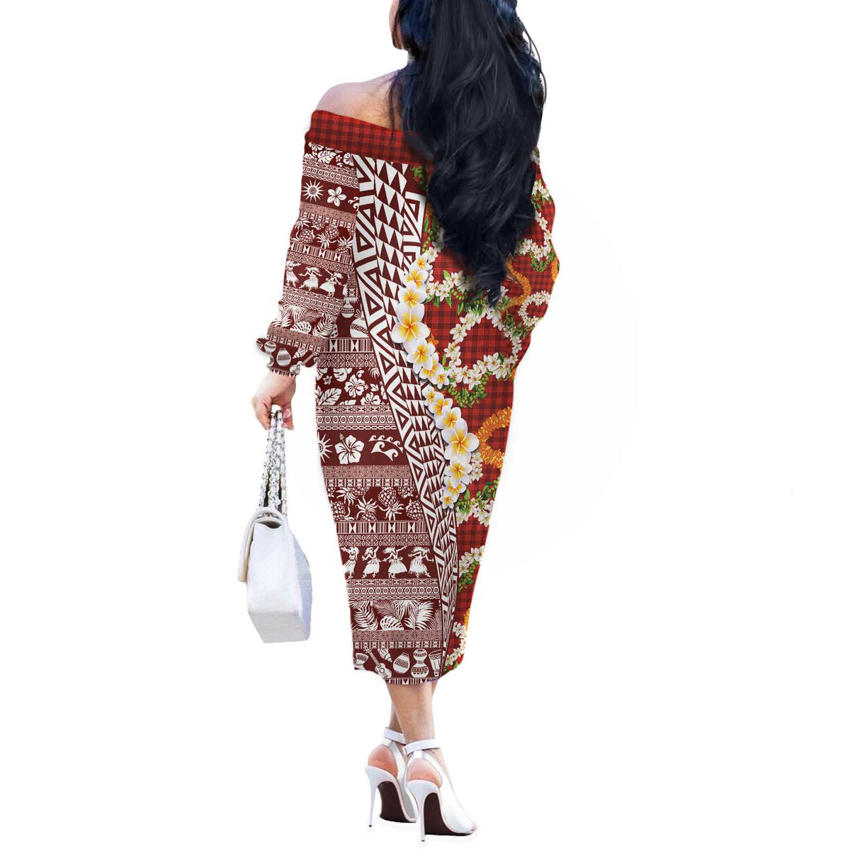Hawaiian Plumeria Lei Off The Shoulder Long Sleeve Dress Kakau Motifs and Palaka Half Style Red Color LT03 - Polynesian Pride