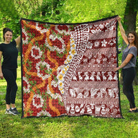 Hawaiian Plumeria Lei Quilt Kakau Motifs and Palaka Half Style Red Color - Polynesian Pride