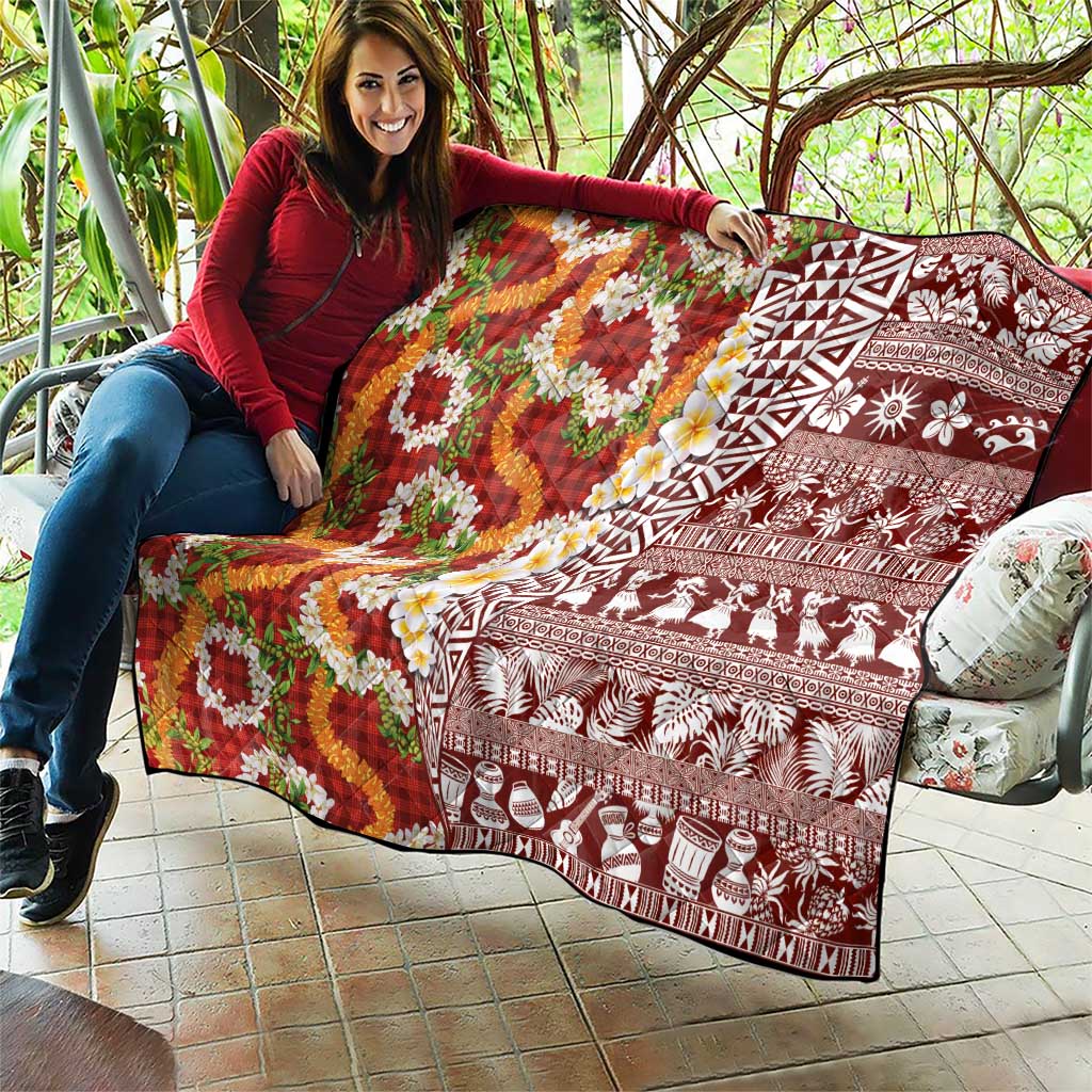 Hawaiian Plumeria Lei Quilt Kakau Motifs and Palaka Half Style Red Color - Polynesian Pride