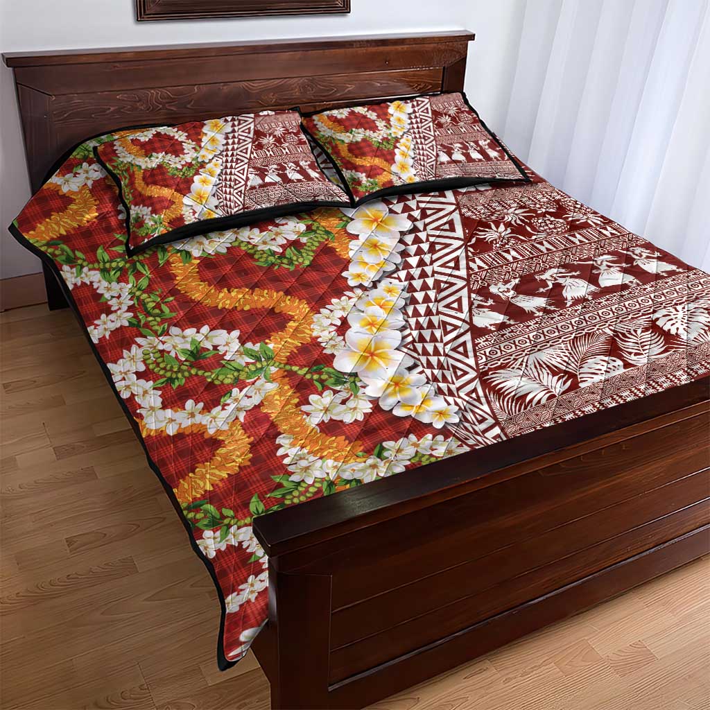 Hawaiian Plumeria Lei Quilt Bed Set Kakau Motifs and Palaka Half Style Red Color - Polynesian Pride