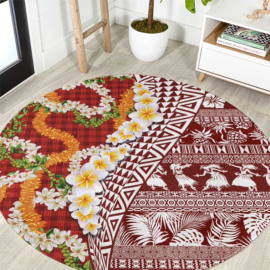 Hawaiian Plumeria Lei Round Carpet Kakau Motifs and Palaka Half Style Red Color - Polynesian Pride