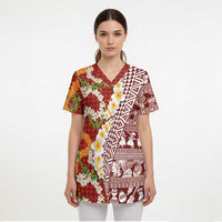 Hawaiian Plumeria Lei Scrub Top Kakau Motifs and Palaka Half Style Red Color LT03 - Polynesian Pride