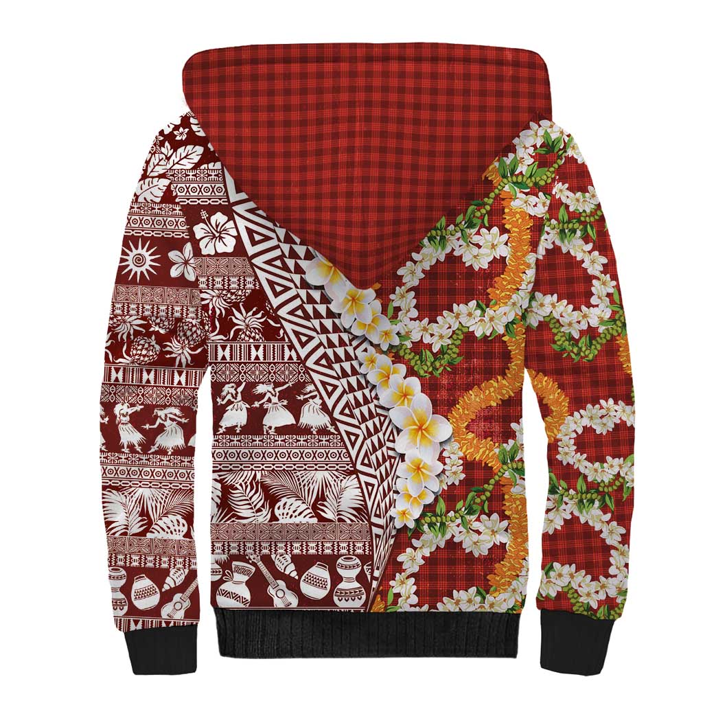 Hawaiian Plumeria Lei Sherpa Hoodie Kakau Motifs and Palaka Half Style Red Color LT03 - Polynesian Pride
