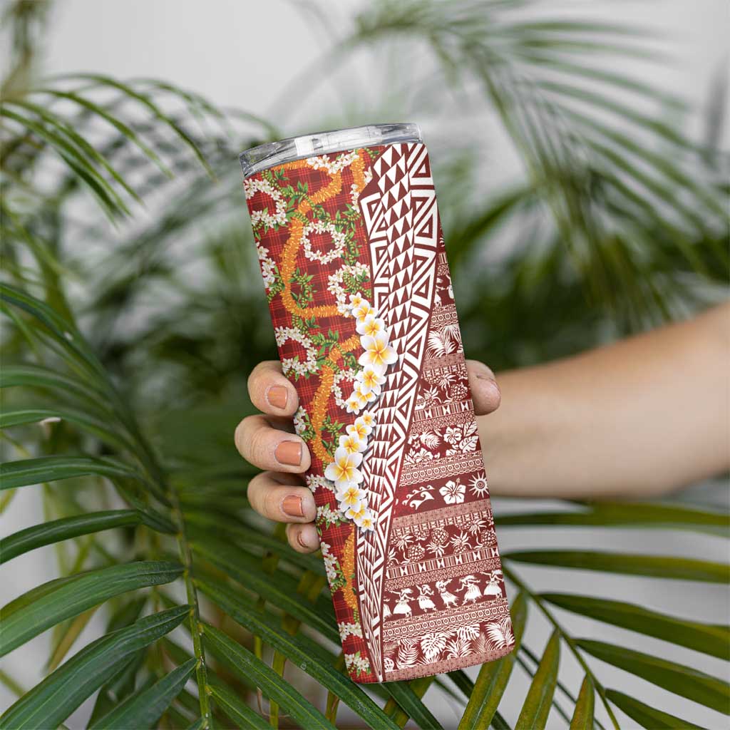 Hawaiian Plumeria Lei Skinny Tumbler Kakau Motifs and Palaka Half Style Red Color LT03 - Polynesian Pride