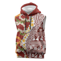 Hawaiian Plumeria Lei Sleeveless Hoodie Kakau Motifs and Palaka Half Style Red Color LT03 Red - Polynesian Pride