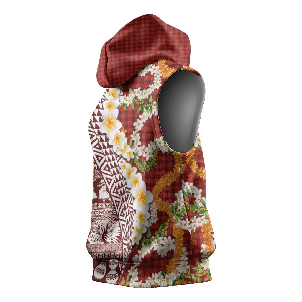 Hawaiian Plumeria Lei Sleeveless Hoodie Kakau Motifs and Palaka Half Style Red Color LT03 - Polynesian Pride