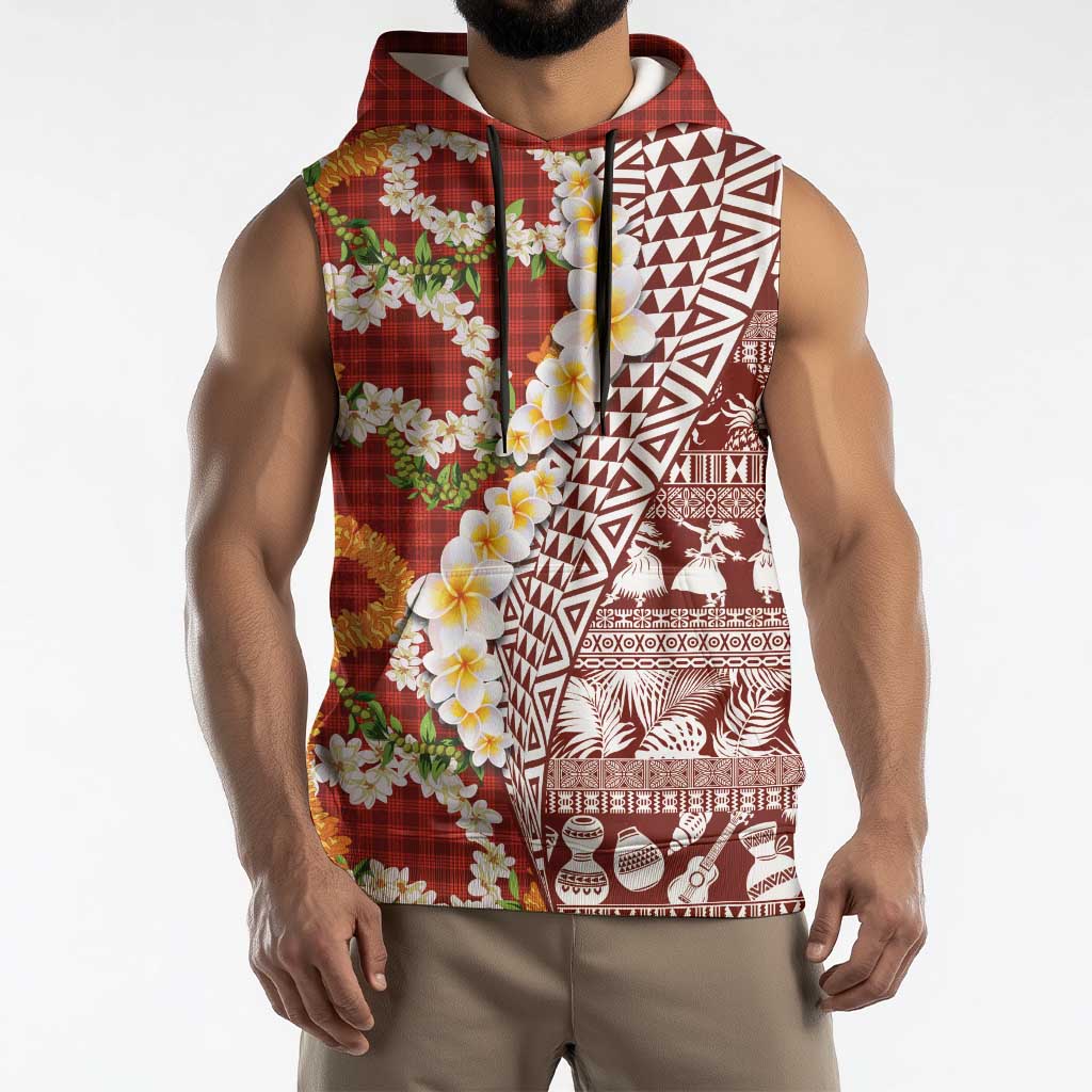 Hawaiian Plumeria Lei Sleeveless Hoodie Kakau Motifs and Palaka Half Style Red Color LT03 - Polynesian Pride