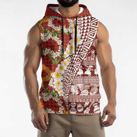 Hawaiian Plumeria Lei Sleeveless Hoodie Kakau Motifs and Palaka Half Style Red Color LT03 - Polynesian Pride