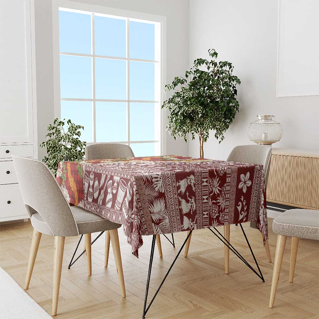 Hawaiian Plumeria Lei Tablecloth Kakau Motifs and Palaka Half Style Red Color - Polynesian Pride