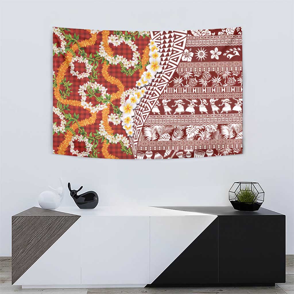 Hawaiian Plumeria Lei Tapestry Kakau Motifs and Palaka Half Style Red Color - Polynesian Pride