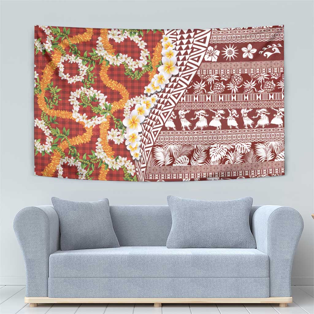 Hawaiian Plumeria Lei Tapestry Kakau Motifs and Palaka Half Style Red Color - Polynesian Pride