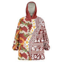 Hawaiian Plumeria Lei Wearable Blanket Hoodie Kakau Motifs and Palaka Half Style Red Color LT03 One Size Red - Polynesian Pride