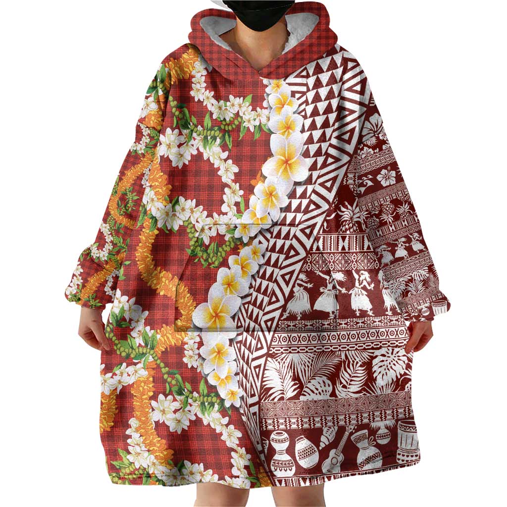 Hawaiian Plumeria Lei Wearable Blanket Hoodie Kakau Motifs and Palaka Half Style Red Color LT03 - Polynesian Pride