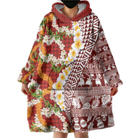Hawaiian Plumeria Lei Wearable Blanket Hoodie Kakau Motifs and Palaka Half Style Red Color LT03 - Polynesian Pride