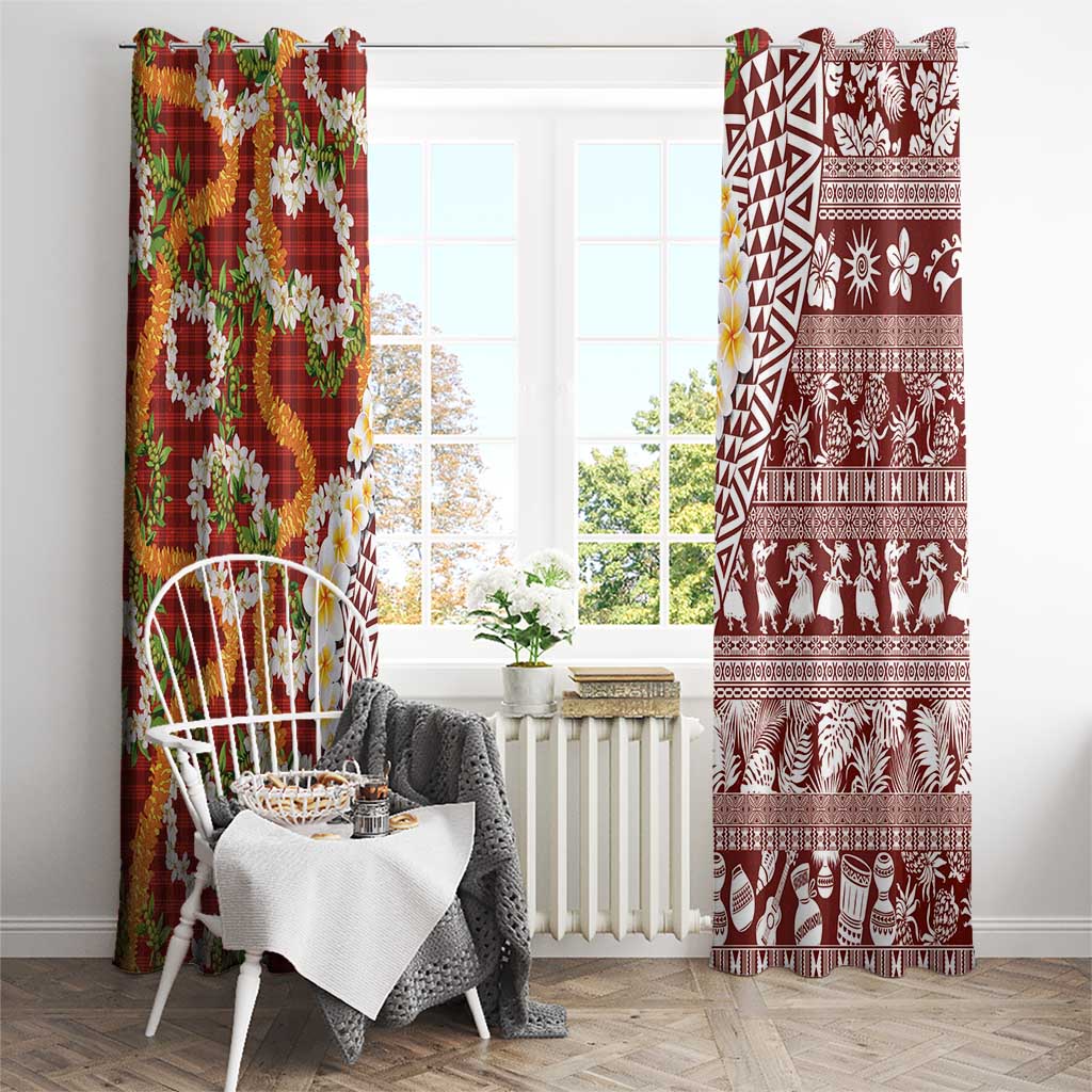 Hawaiian Plumeria Lei Window Curtain Kakau Motifs and Palaka Half Style Red Color LT03 - Polynesian Pride