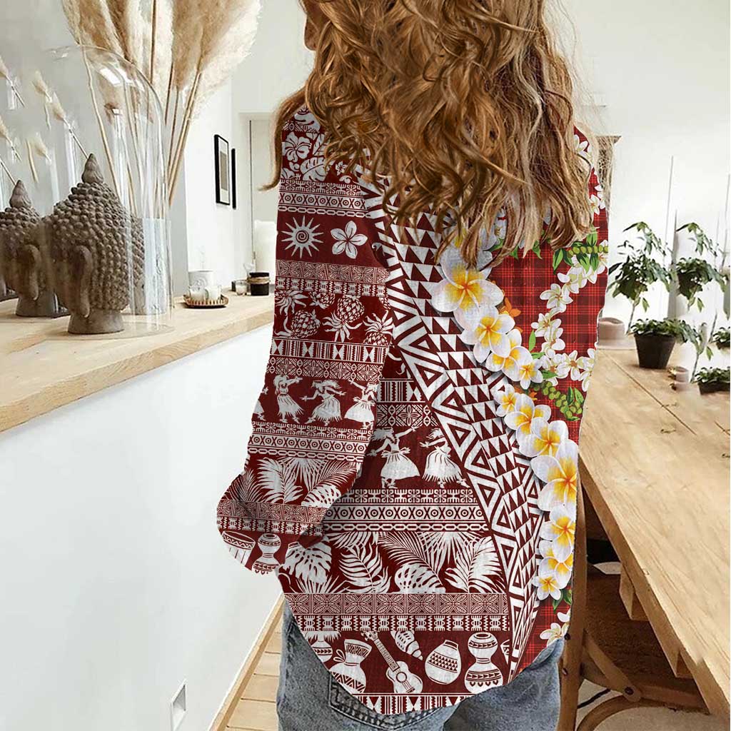Hawaiian Plumeria Lei Women Casual Shirt Kakau Motifs and Palaka Half Style Red Color - Polynesian Pride