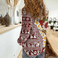 Hawaiian Plumeria Lei Women Casual Shirt Kakau Motifs and Palaka Half Style Red Color - Polynesian Pride
