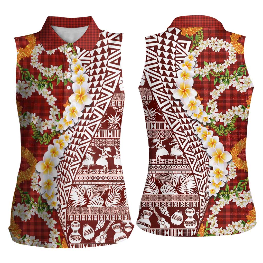 Hawaiian Plumeria Lei Women Sleeveless Polo Shirt Kakau Motifs and Palaka Half Style Red Color LT03 - Polynesian Pride