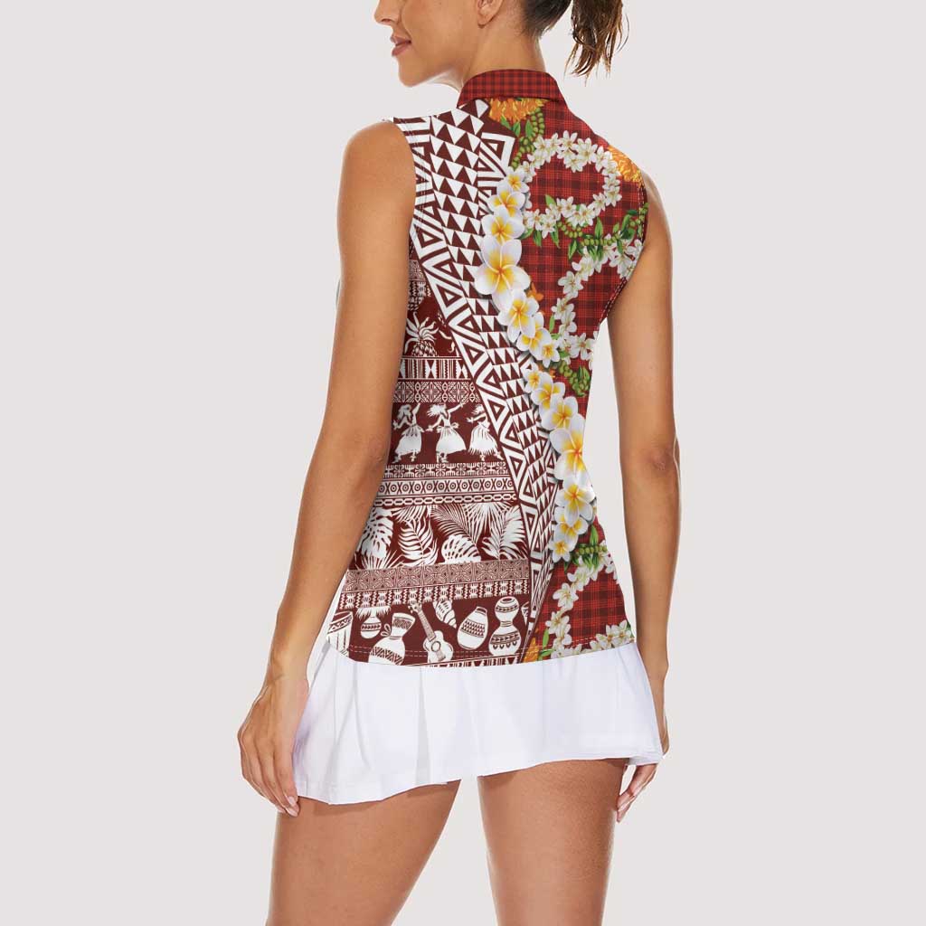 Hawaiian Plumeria Lei Women Sleeveless Polo Shirt Kakau Motifs and Palaka Half Style Red Color LT03 - Polynesian Pride