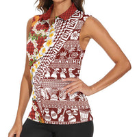 Hawaiian Plumeria Lei Women Sleeveless Polo Shirt Kakau Motifs and Palaka Half Style Red Color LT03 - Polynesian Pride