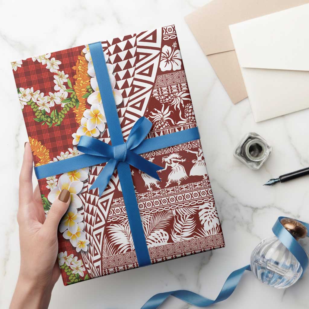 Hawaiian Plumeria Lei Wrapping Paper Kakau Motifs and Palaka Half Style Red Color - Polynesian Pride
