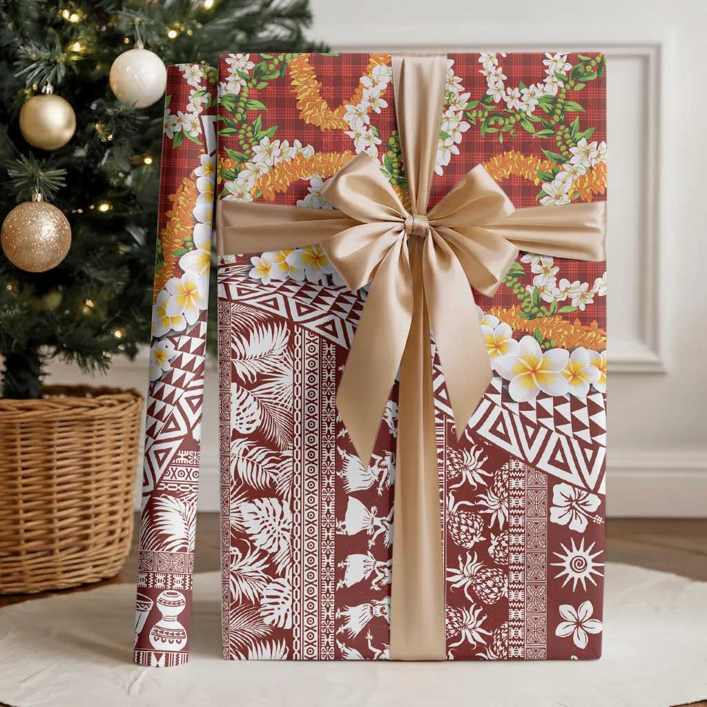 Hawaiian Plumeria Lei Wrapping Paper Kakau Motifs and Palaka Half Style Red Color - Polynesian Pride