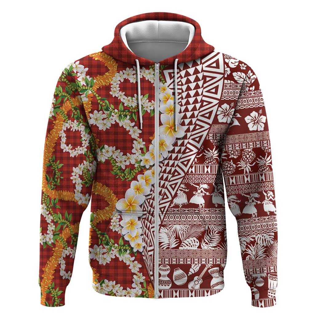 Hawaiian Plumeria Lei Zip Hoodie Kakau Motifs and Palaka Half Style Red Color - Polynesian Pride