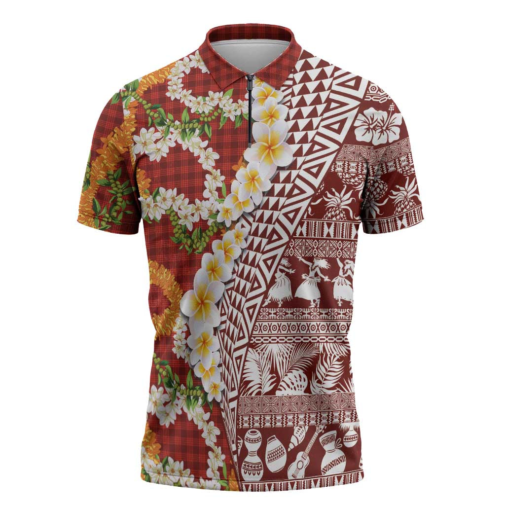Hawaiian Plumeria Lei Zipper Polo Shirt Kakau Motifs and Palaka Half Style Red Color LT03 Red - Polynesian Pride