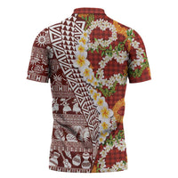 Hawaiian Plumeria Lei Zipper Polo Shirt Kakau Motifs and Palaka Half Style Red Color LT03 - Polynesian Pride