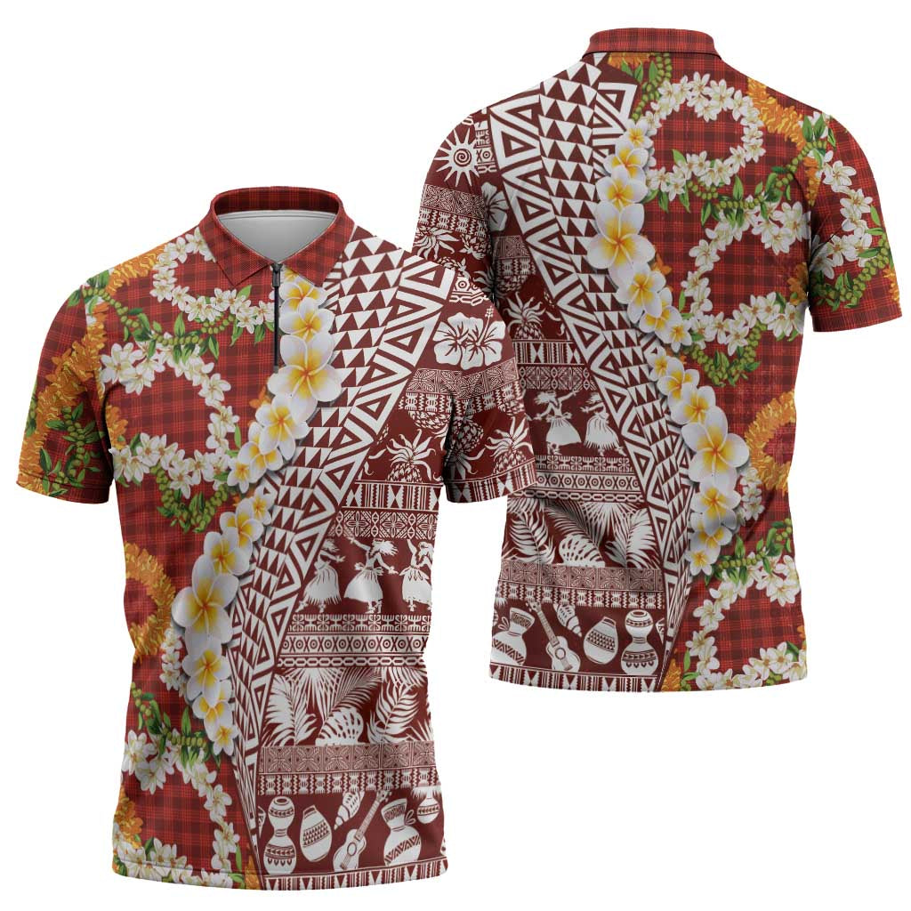 Hawaiian Plumeria Lei Zipper Polo Shirt Kakau Motifs and Palaka Half Style Red Color LT03 - Polynesian Pride