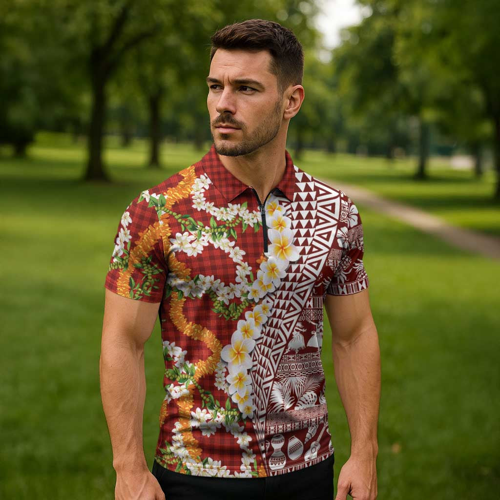Hawaiian Plumeria Lei Zipper Polo Shirt Kakau Motifs and Palaka Half Style Red Color LT03 - Polynesian Pride
