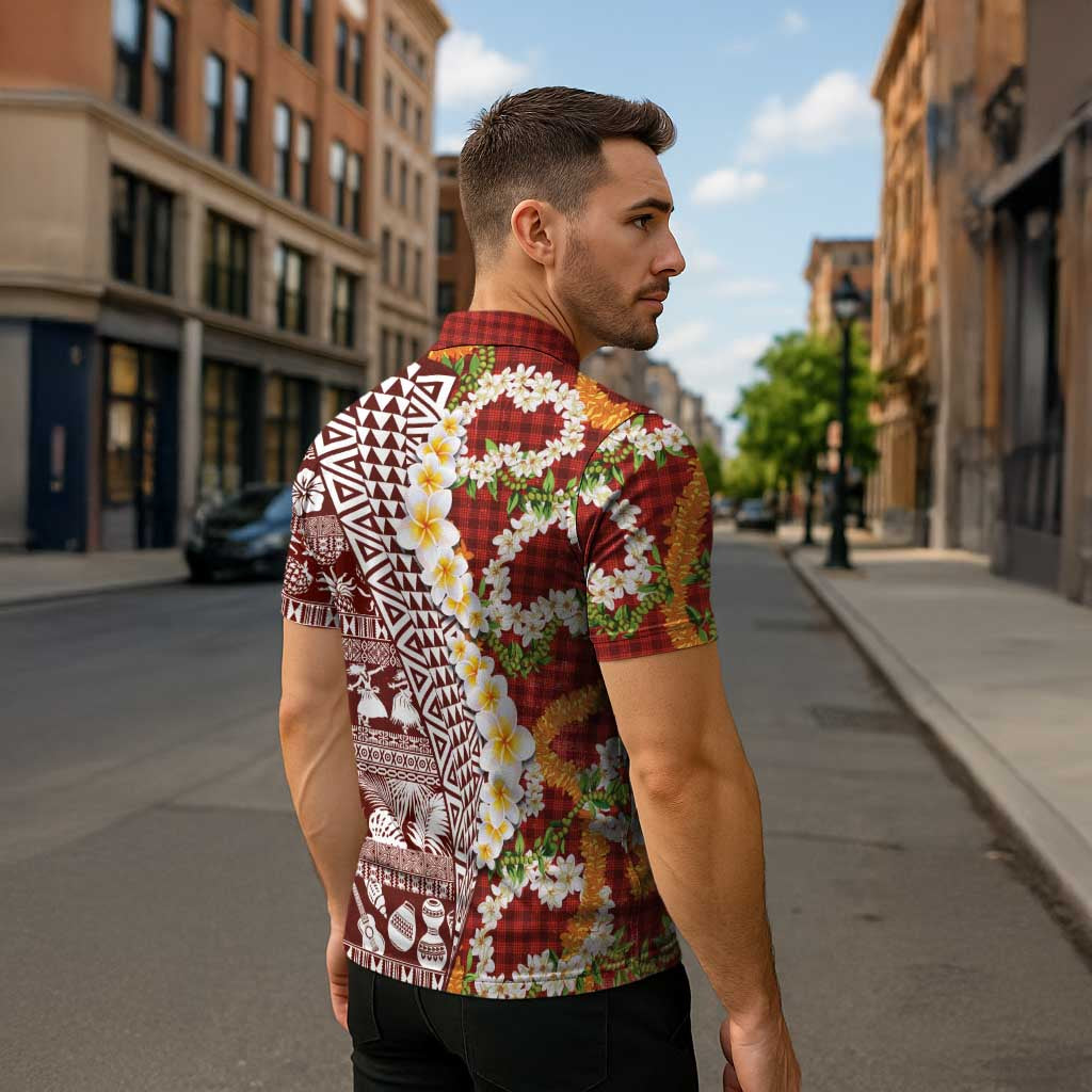 Hawaiian Plumeria Lei Zipper Polo Shirt Kakau Motifs and Palaka Half Style Red Color LT03 - Polynesian Pride