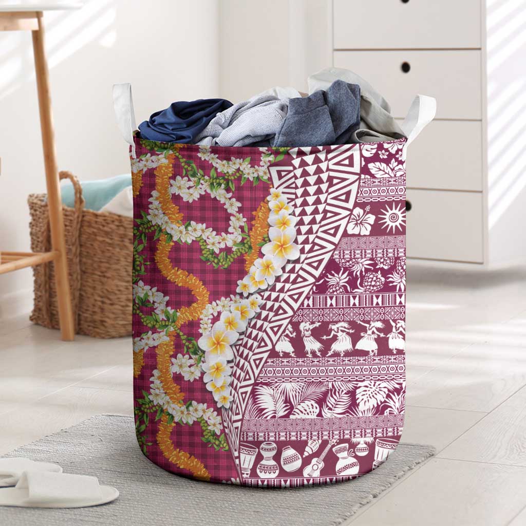 Hawaiian Plumeria Lei Laundry Basket Kakau Motifs and Palaka Half Style Pink Color - Polynesian Pride