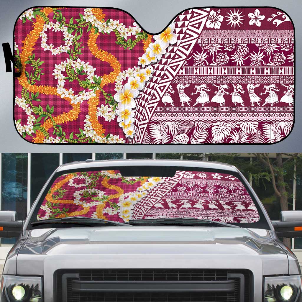 Hawaiian Plumeria Lei Auto Sun Shade Kakau Motifs and Palaka Half Style Pink Color - Polynesian Pride