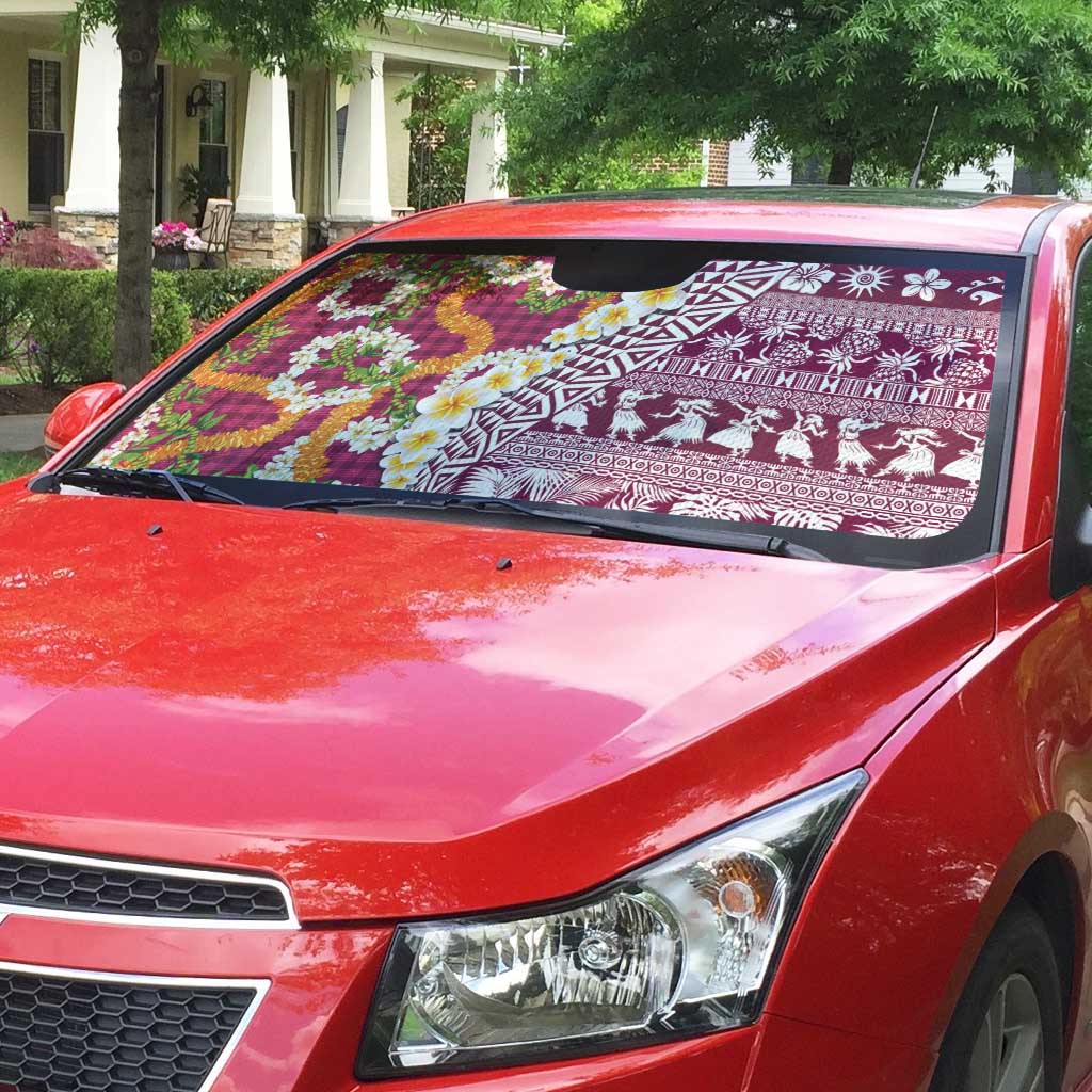 Hawaiian Plumeria Lei Auto Sun Shade Kakau Motifs and Palaka Half Style Pink Color - Polynesian Pride