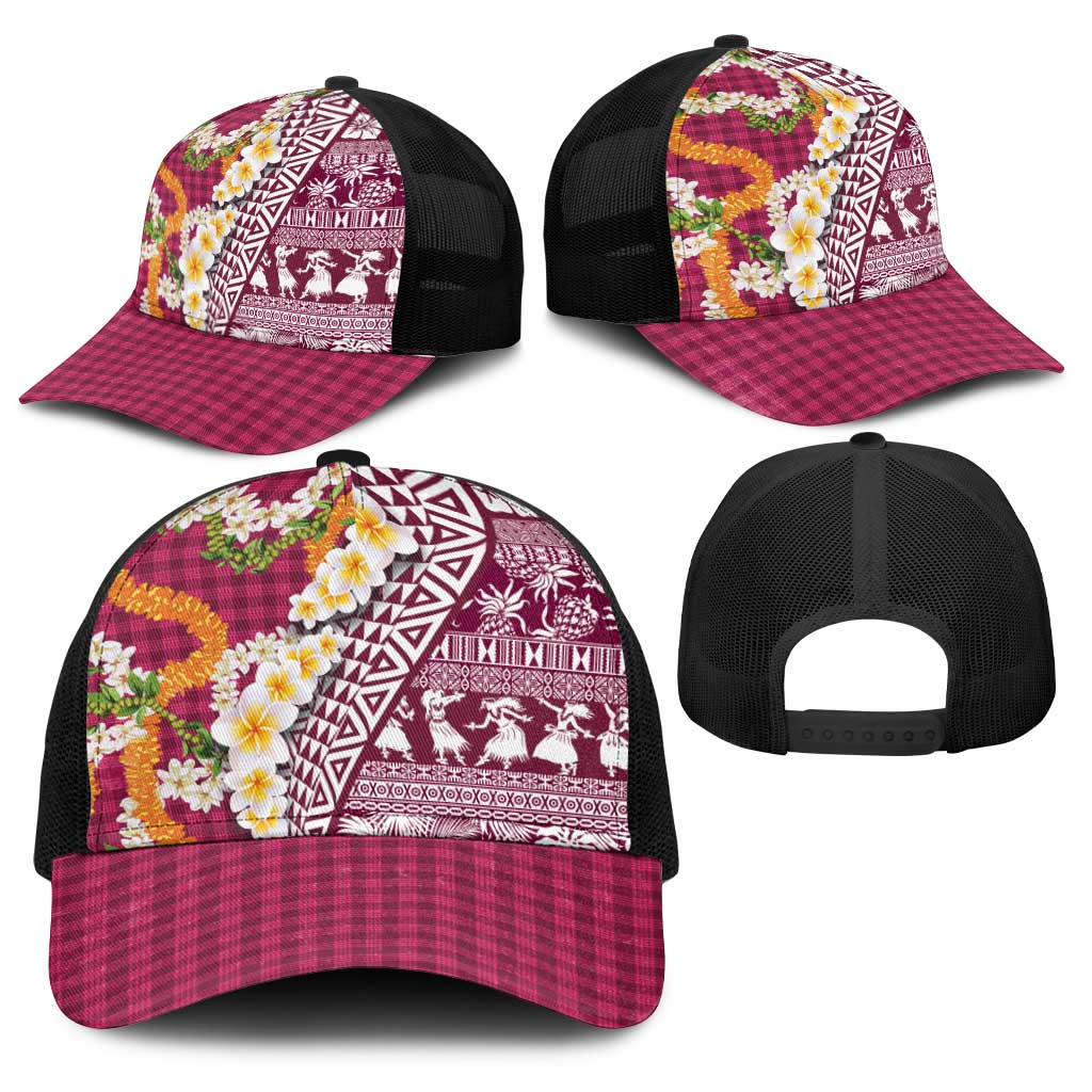 Hawaiian Plumeria Lei Baseball Net Cap Kakau Motifs and Palaka Half Style Pink Color - Polynesian Pride