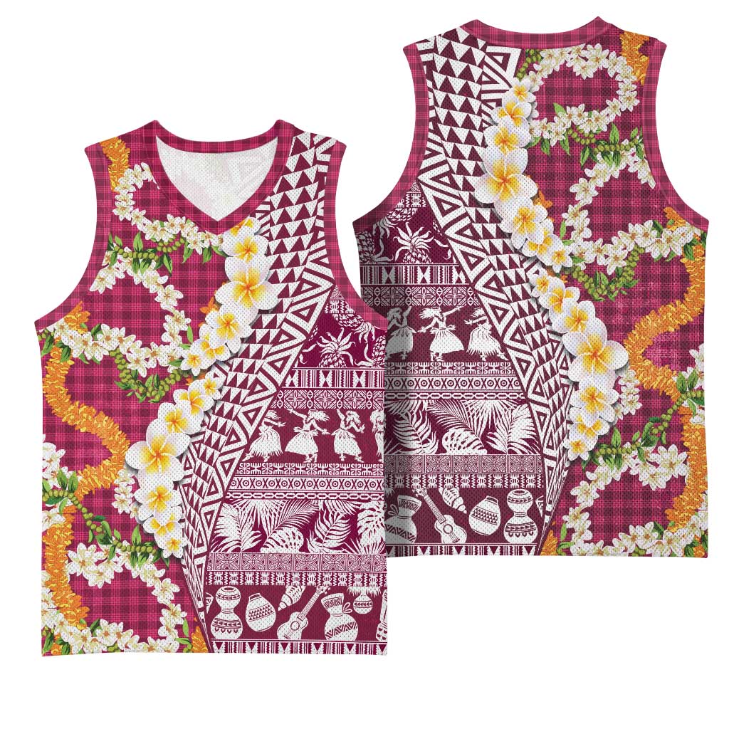 Hawaiian Plumeria Lei Basketball Jersey Kakau Motifs and Palaka Half Style Pink Color LT03 - Polynesian Pride