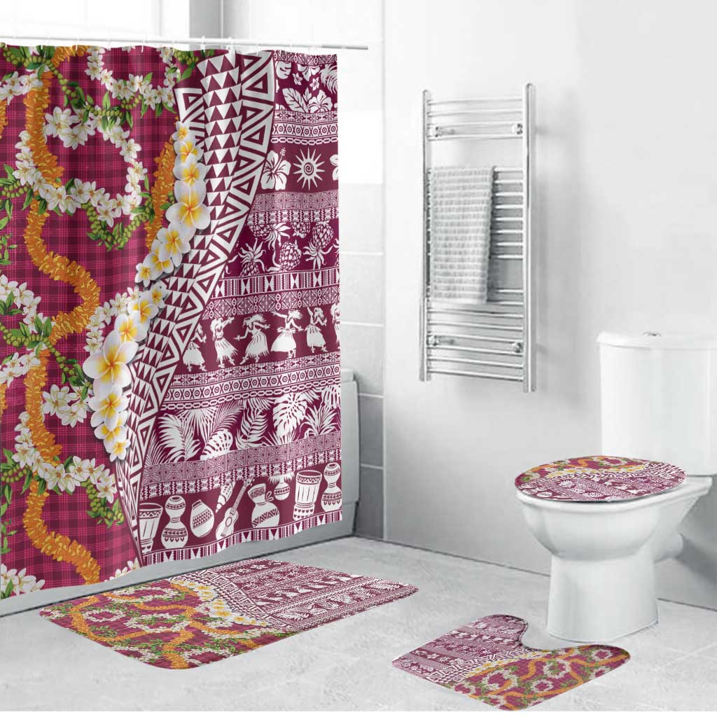 Hawaiian Plumeria Lei Bathroom Set Kakau Motifs and Palaka Half Style Pink Color - Polynesian Pride