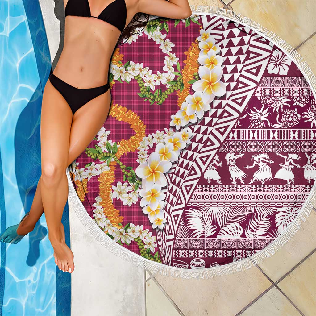 Hawaiian Plumeria Lei Beach Blanket Kakau Motifs and Palaka Half Style Pink Color - Polynesian Pride