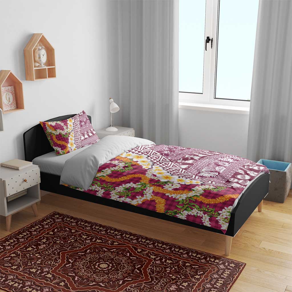Hawaiian Plumeria Lei Bedding Set Kakau Motifs and Palaka Half Style Pink Color - Polynesian Pride