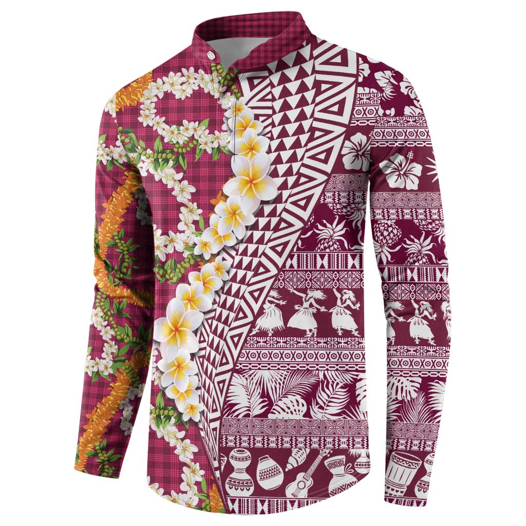 Hawaiian Plumeria Lei Button Sweatshirt Kakau Motifs and Palaka Half Style Pink Color - Polynesian Pride