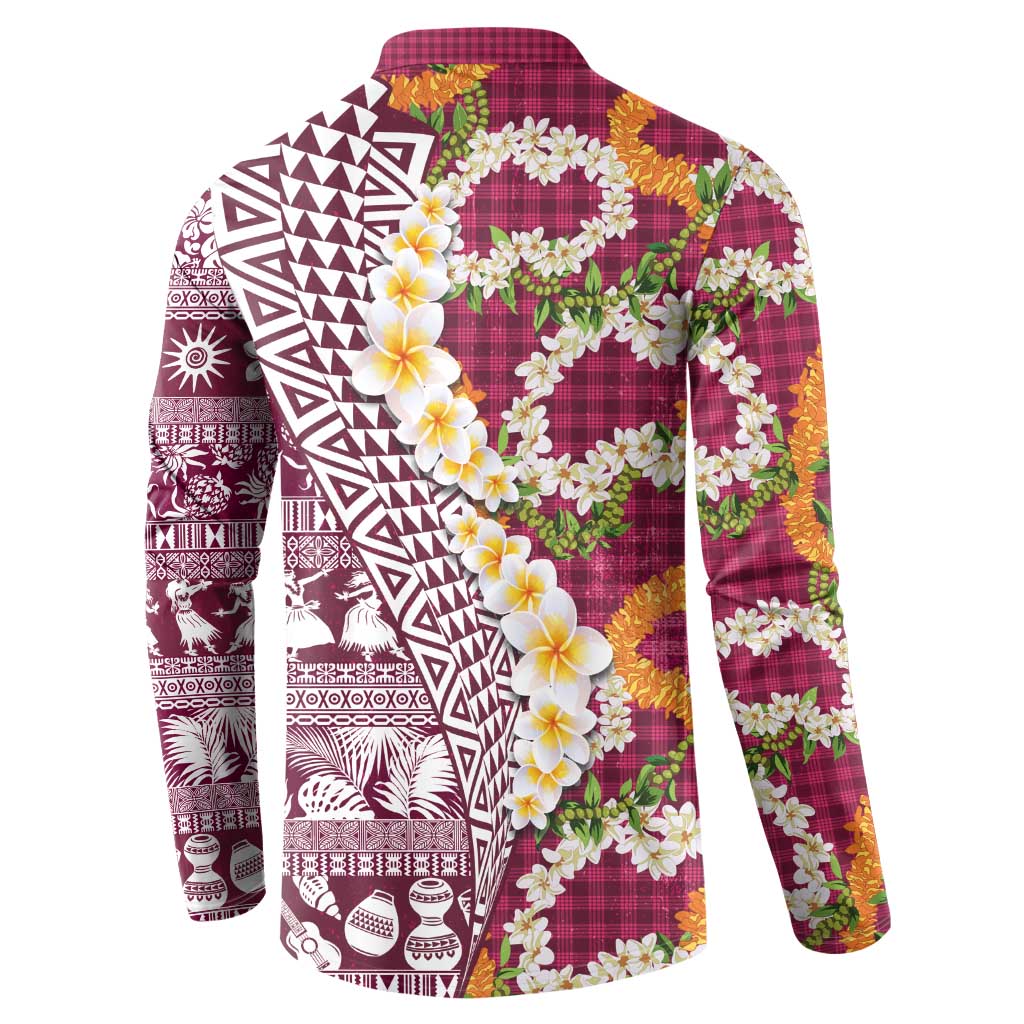Hawaiian Plumeria Lei Button Sweatshirt Kakau Motifs and Palaka Half Style Pink Color - Polynesian Pride