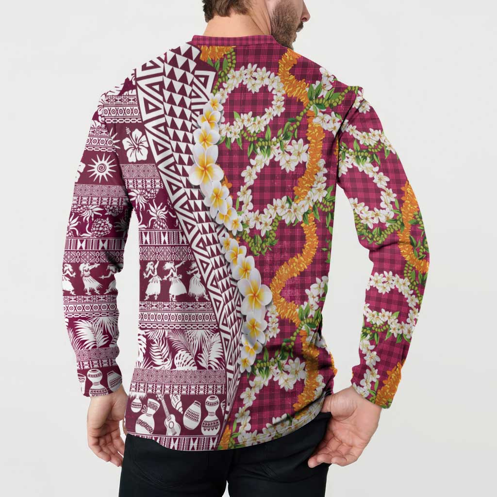 Hawaiian Plumeria Lei Button Sweatshirt Kakau Motifs and Palaka Half Style Pink Color - Polynesian Pride